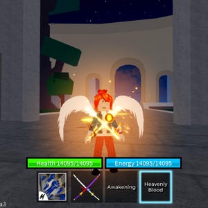 以下が含まれることがあります： 赤い髪と白い翼を持つバーチャルキャラクターが、黄金色の輝きを放っています。キャラクターはオレンジ色のズボンと白いトップスを着ています。画面には、健康とエネルギーのバーと「Heavenly Blood」の文字が表示されています。