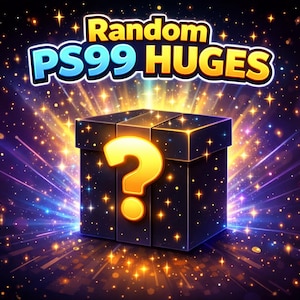 Può includere: Una scatola scura con un punto interrogativo dorato sul davanti, su uno sfondo scintillante e pieno di stelle. Il testo "Random PS99 HUGES" è visualizzato sopra la scatola in un carattere stilizzato, suggerendo un mistero o una sorpresa.