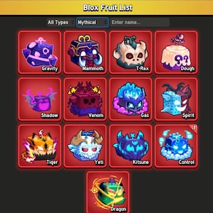 May include: A digital graphic showing a "Blox Fruit List" with various fruit illustrations. The fruits are labelled with names such as "Gravity," "Mammoth," "T-Rex," and "Dough." Each fruit is presented in a red square with a unique design and colour scheme.