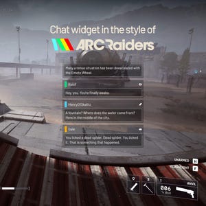 Puede incluir: Una captura de pantalla de una interfaz de videojuego, con un widget de chat al estilo "ARC Raiders". El chat muestra varios mensajes de diferentes usuarios. La interfaz del juego incluye indicadores de salud y armas.
