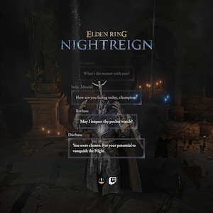 以下が含まれることがあります： ゲーム「ELDEN RING NIGHTREIGN」のデジタルインターフェース。中央に鎧を着たキャラクターが表示されています。Revenant、Iron_Menial、Recluse、Duchessというキャラクターのダイアログボックスがあり、「You were chosen」というテキストが含まれています。