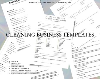 Contratos, facturas y formularios de admisión de clientes para empresas de limpieza / Plantillas editables de Canva