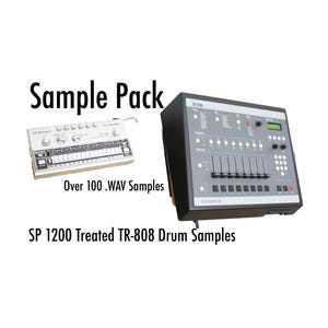 Puede incluir: Imagen de un paquete de muestras con dos dispositivos de música electrónica. El texto dice "Sample Pack", "Over 100 .WAV Samples" y "SP 1200 Treated TR-808 Drum Samples". Un dispositivo es una caja de ritmos Roland plateada, y el otro es un SP 1200 negro y gris.