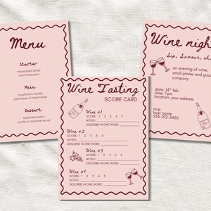 May include: A set of pink wine-themed stationery, including a menu, wine tasting score card, and invitation. The menu lists starter, main, and dessert options. The invitation includes event details. The score card has spaces for wine notes.