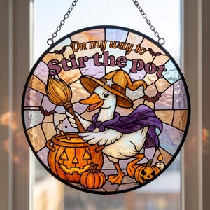Funny Witch Goose Stained Glass Suncatcher, Stir The Pot Pumpkin Cauldron Window Decor, Silly Halloween Ornament, Fall Gift for Her Mom