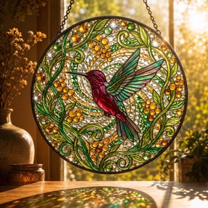 May include: A circular stained glass suncatcher featuring a vibrant magenta hummingbird in flight, surrounded by intricate green vines, leaves, and amber-colored berries. The piece is framed in a dark metal border and hangs by a chain.
