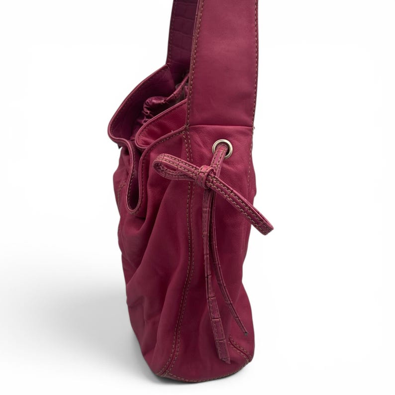 Vintage Y2K Liz Claiborne Pink Leather Shoulder Bag with Drawstring Bow Detail image 5