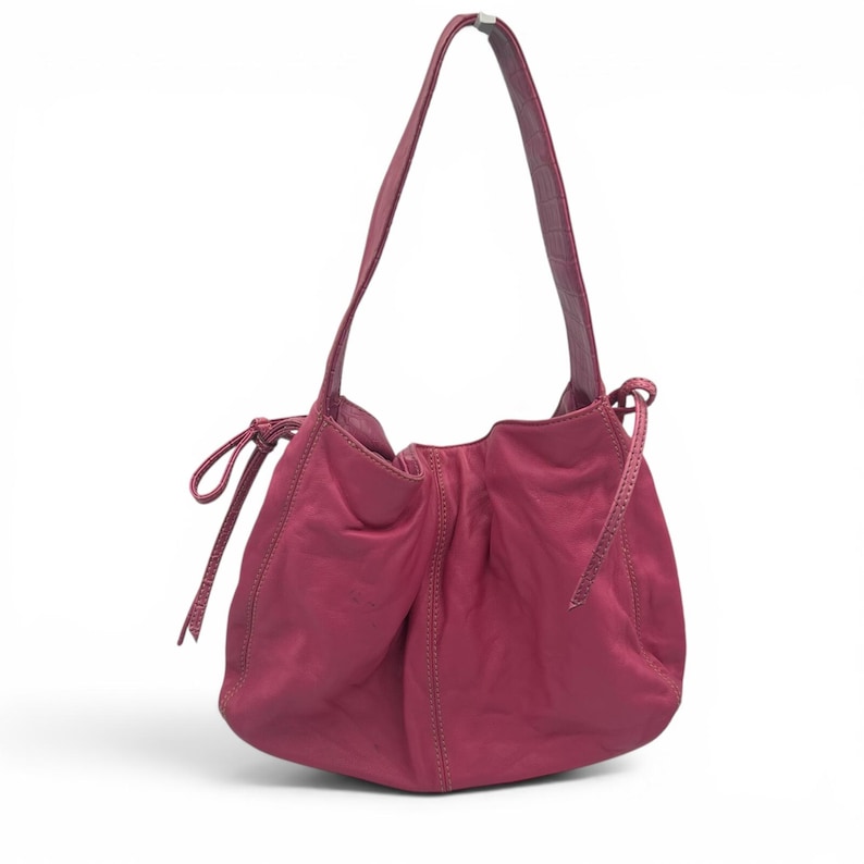 Vintage Y2K Liz Claiborne Pink Leather Shoulder Bag with Drawstring Bow Detail image 1