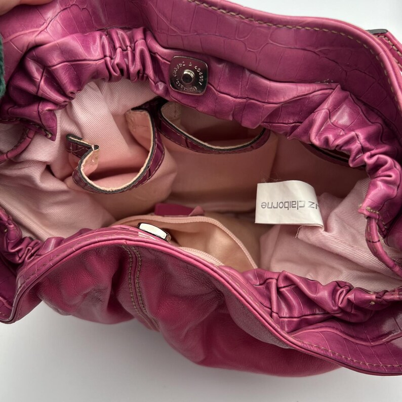 Vintage Y2K Liz Claiborne Pink Leather Shoulder Bag with Drawstring Bow Detail image 8