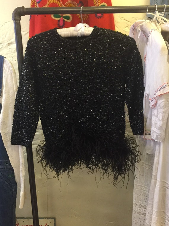 1940s Sequin Blouse w/ Ostrich Feathers