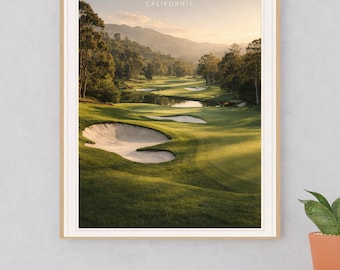 May include: Framed print of the Riviera Country Club golf course in California. The image displays a green golf course with sand traps and a lake, with the text "Riviera Country Club California" at the top. The scene is set against a backdrop of mountains.