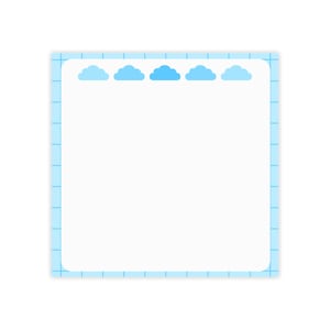 May include: A square, white notepad with a light blue grid pattern border. Five light blue cloud illustrations are at the top. The notepad is designed for writing notes and reminders.
