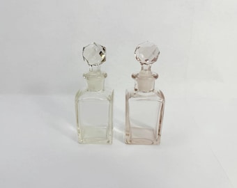 Vintage Art Deco Glass Perfume Bottles, Clear and Pink Square Vanity Set of 2