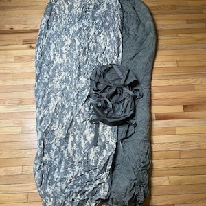 May include: An overhead shot of a military-style sleeping bag and a small backpack. The sleeping bag is partially unrolled, revealing a camouflage pattern on one side and a solid gray color on the other. The backpack is gray.