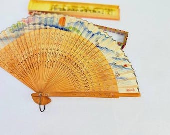 Abanico plegable chino vintage - Abanico de bambú de mano con caja decorativa - 7''