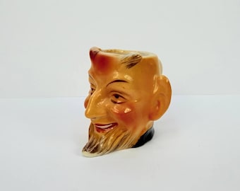 Mini taza con cabeza de diablo y soporte para palillos de dientes, porcelana, Japón de antes de la guerra, años 30 y 40.