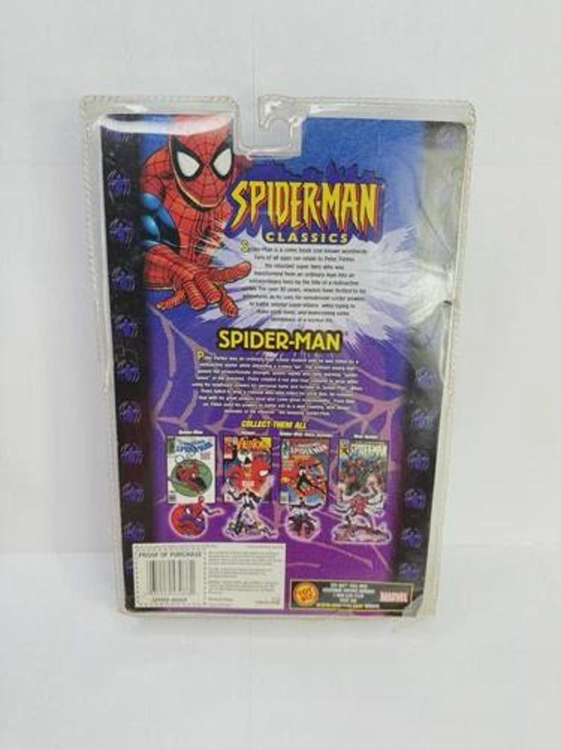 May include: A Spider-Man Classics action figure in its original packaging. The packaging features a vibrant image of Spider-Man, with the words "Spider-Man Classics" and "Spider-Man" prominently displayed. The back of the package showcases comic book covers.