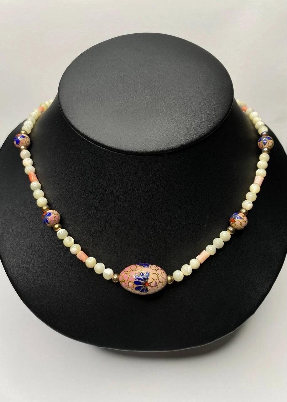 Vintage Chinese Cloisonne Coral Balamut Mother of Pearl Enamel Necklace ...