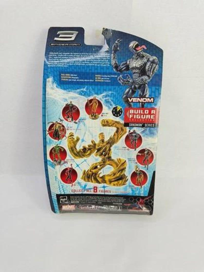 May include: A Spider-Man 3 Venom action figure on a blue and white card. The card features images of other figures in the series and the text "Venom Build a Figure Sandman Series". The figure is black and gray.