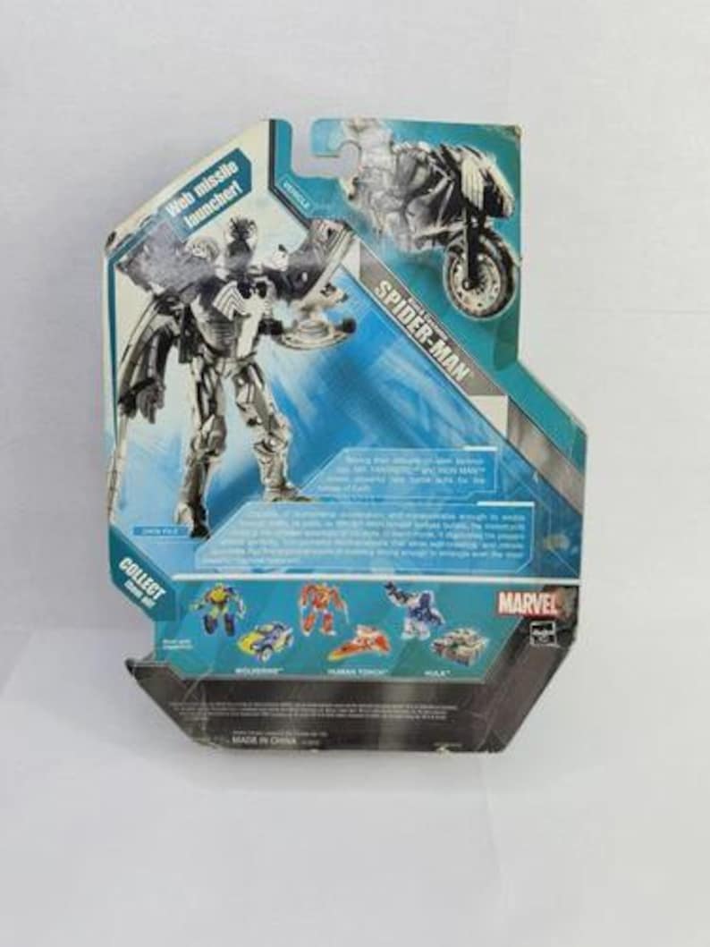 Puede incluir: Parte trasera de una figura de acci&oacute;n de Spider-Man en su embalaje original. La figura es plateada y negra, con un lanzador de misiles web. El embalaje es azul y blanco con el logo de Marvel y otras figuras.