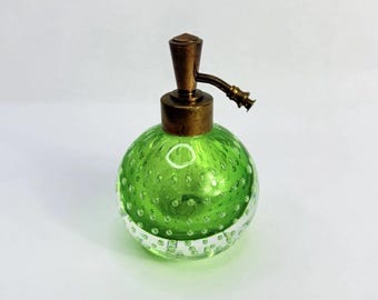 Tilso Perfume Bottle Murano Glass 4” Green Bubbles Brass Cap No Tassel Atomizer