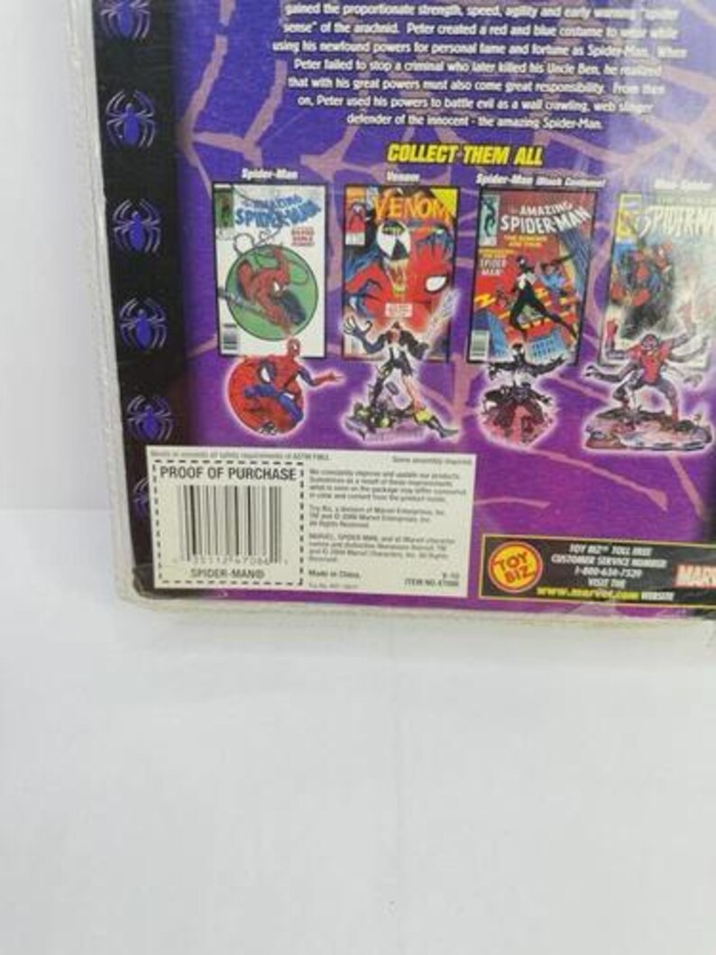 May include: Sealed Spider-Man action figure packaging. The packaging features comic book art of Spider-Man and Venom. The text on the packaging includes "COLLECT THEM ALL" and "PROOF OF PURCHASE".