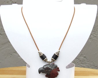 Long Leather Necklace, Carved Brecciated Jasper Eagle Head Pendant, 31 inches Long, Over the Head