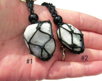 Moonstone and Agate Netted Stone Necklace, Black Cords, Tumbled Raw Stones