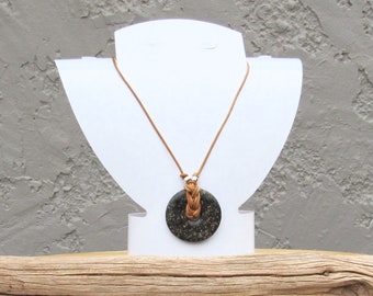Leather Necklace with a 50mm Large Black Glass Donut Pendant, Confetti Spots
