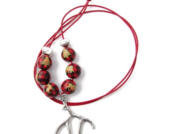 Deer Antler, Christmas Buffalo Plaid Necklace, Woodland Animal Jewelry, Wood and Leather