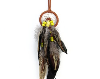 Small Leather Dream Catcher, Car Dream Catchers, Yellow Turtle, Handmade in the USA, One of a kind
