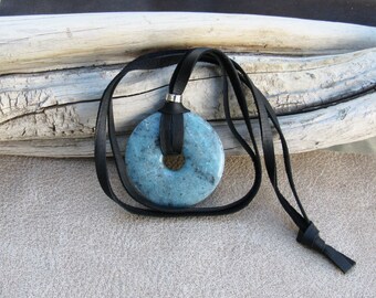 Long Black Soft Leather Necklace with a Marble Stone Donut Pendant Dyed Light Blue