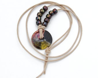 Raku Pottery Donut Leather Necklace, Glass Oil Slick Beads, Over the Head, One of a Kind
