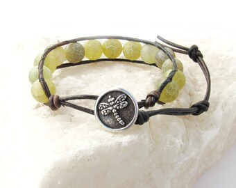 Light Green Fire Agate Bracelet, Leather Stone Bracelets, One of a Kind, Handmade in the USA