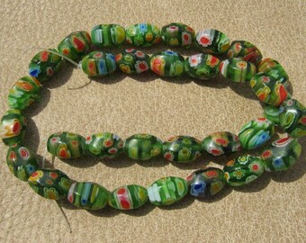 12mm Green Millefiori Glass Beads, 4 Sided Barrel Beads, Full Strand, Colorful Flowers