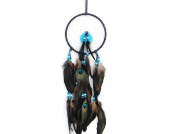 Large Peacock Dream Catcher, Blue Leather Dreamcatchers, One of a Kind, Handmade in the USA