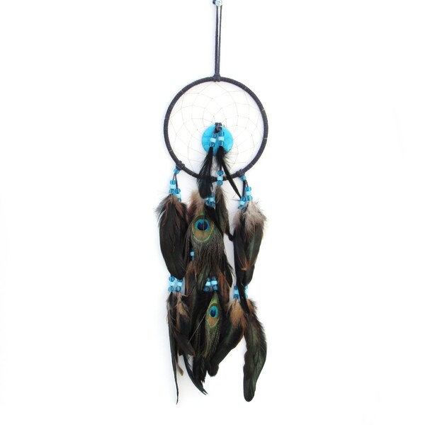 Large Peacock Dream Catcher, Blue Leather Dreamcatchers, One of a Kind, Handmade in the USA