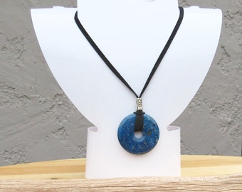 Leather and Lapis Stone Necklace, Soft Black Deer Leather, Long Over the Head