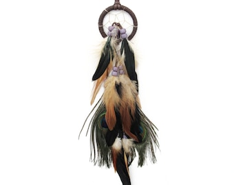 Peacock Dream Catcher, Car Dreamcatcher, Fluorite Bear Center, Blacks Browns, One of a Kind