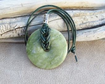 Large New Jade Stone Donut Pendant with Green Leather Cord, Long Over the Head Necklace