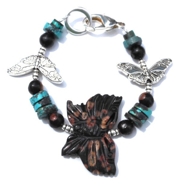 CLEARANCE Stone Bracelet Handmade OOAK Butterflies Peach, Turquoise, Black