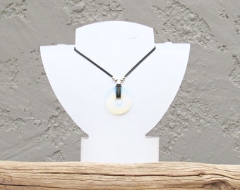 Opalite Donut and Black Leather Necklace, Long Over the Head, Sea Opal Glass