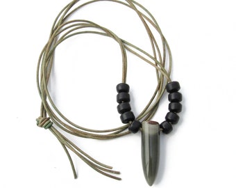 Polychrome Stone Leather Necklace, Dark Greens, Over the Head, Double Strand, One of a Kind