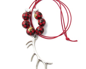 Elk Horn Christmas Buffalo Plaid Necklace, Woodland Animal Jewelry, Wood and Leather