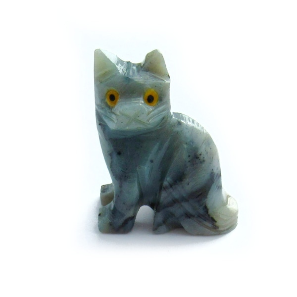 Carved Agate Stone Cat Figurine, Light Aqua Blue, Pocket Stone, Chakra