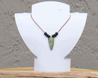 African Turquoise Arrowhead Pendant, Leather Cord Necklace, Long Over the Head