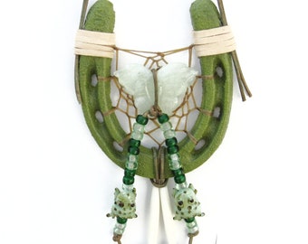 Green Horseshoe Dream Catcher, Stone Butterflies, Porcelain Frogs One of a Kind, Handmade in the USA