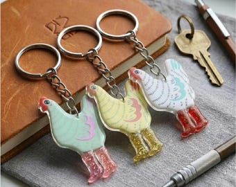 Acrylic Chicken Keychain, Glitter Boots Bag Charm, Quirky Farm Animal Accessory