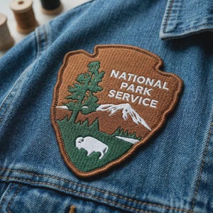 May include: Embroidered National Park Service patch in brown, green, and white, featuring a tree, mountain, and bison. The patch is sewn onto a blue denim jacket. The text "NATIONAL PARK SERVICE" is displayed in white.