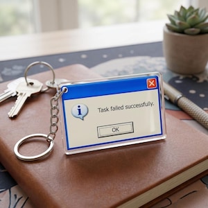 May include: A clear acrylic keychain featuring a blue and white design resembling a computer error message. The text reads "Task failed successfully." with an "OK" button. The keychain is attached to a silver chain and key ring.